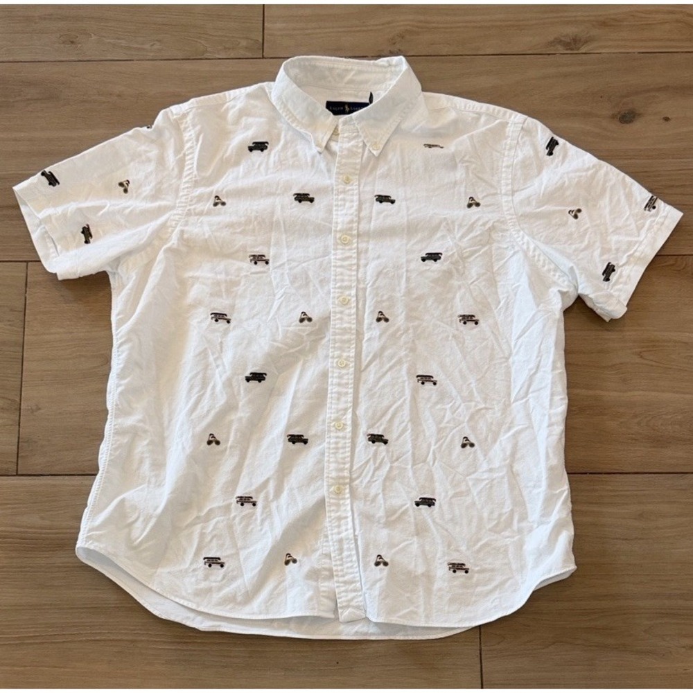 Ralph Lauren Mens XXL White Embroidered Off-Road Vehicle Short Sleeve Shirt‎